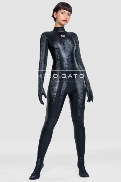 Reptilian Skin Spandex Catsuit Black Zentai Bodysuit Jumpsuit Skintight Shiny