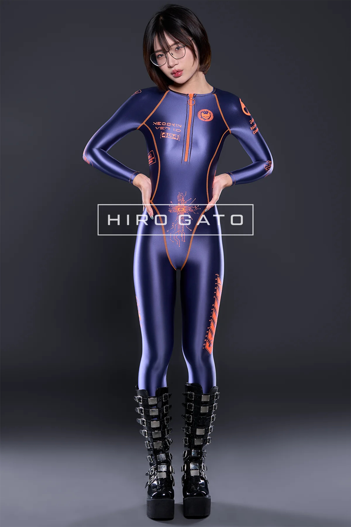 Neoskin Futuristic Cyberpunk Festival Catsuit Shiny Spandex Navy Blue Orange