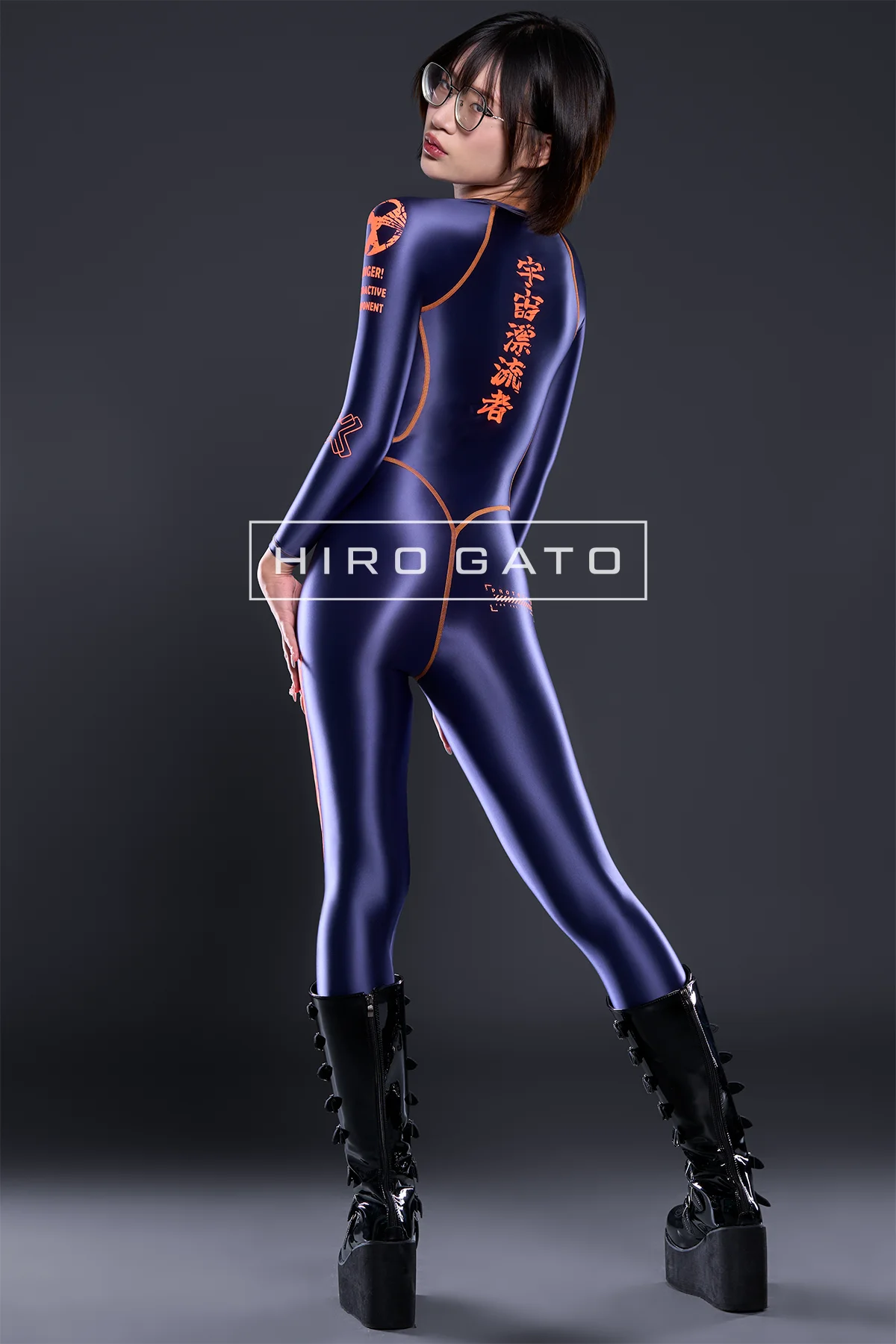 Neoskin Futuristic Cyberpunk Festival Catsuit Shiny Spandex Navy Blue Orange Neoskin Futuristic Cyberpunk Festival Catsuit Shiny Spandex Navy Blue Orange