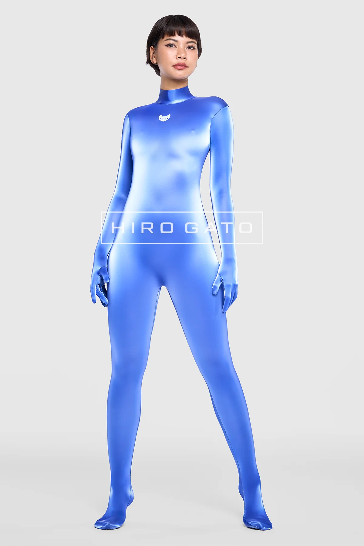 Skintight, shiny Sharkskin PU Spandex Catsuit blue glossy