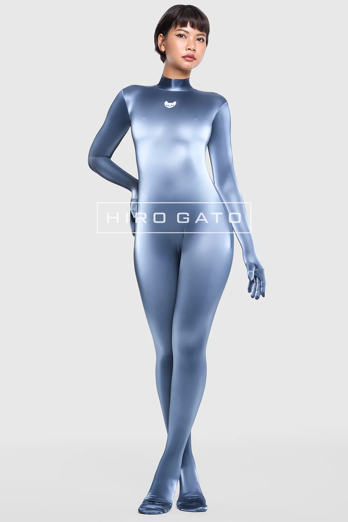 Skintight, shiny Sharkskin PU Spandex Catsuit gry anthracite glossy