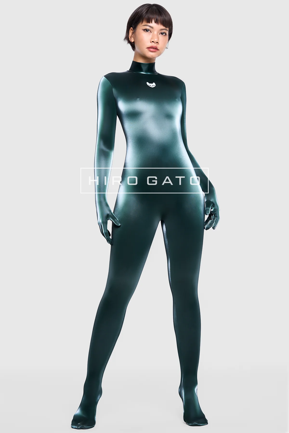Skintight, shiny Sharkskin PU Spandex Catsuit emerald green glossy