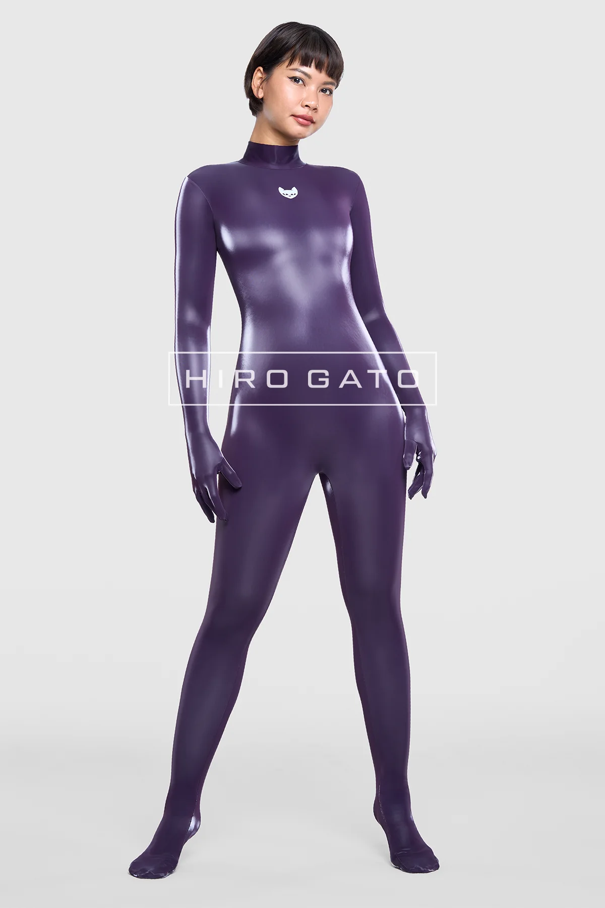Skintight, shiny Sharkskin PU Spandex Catsuit purple glossy