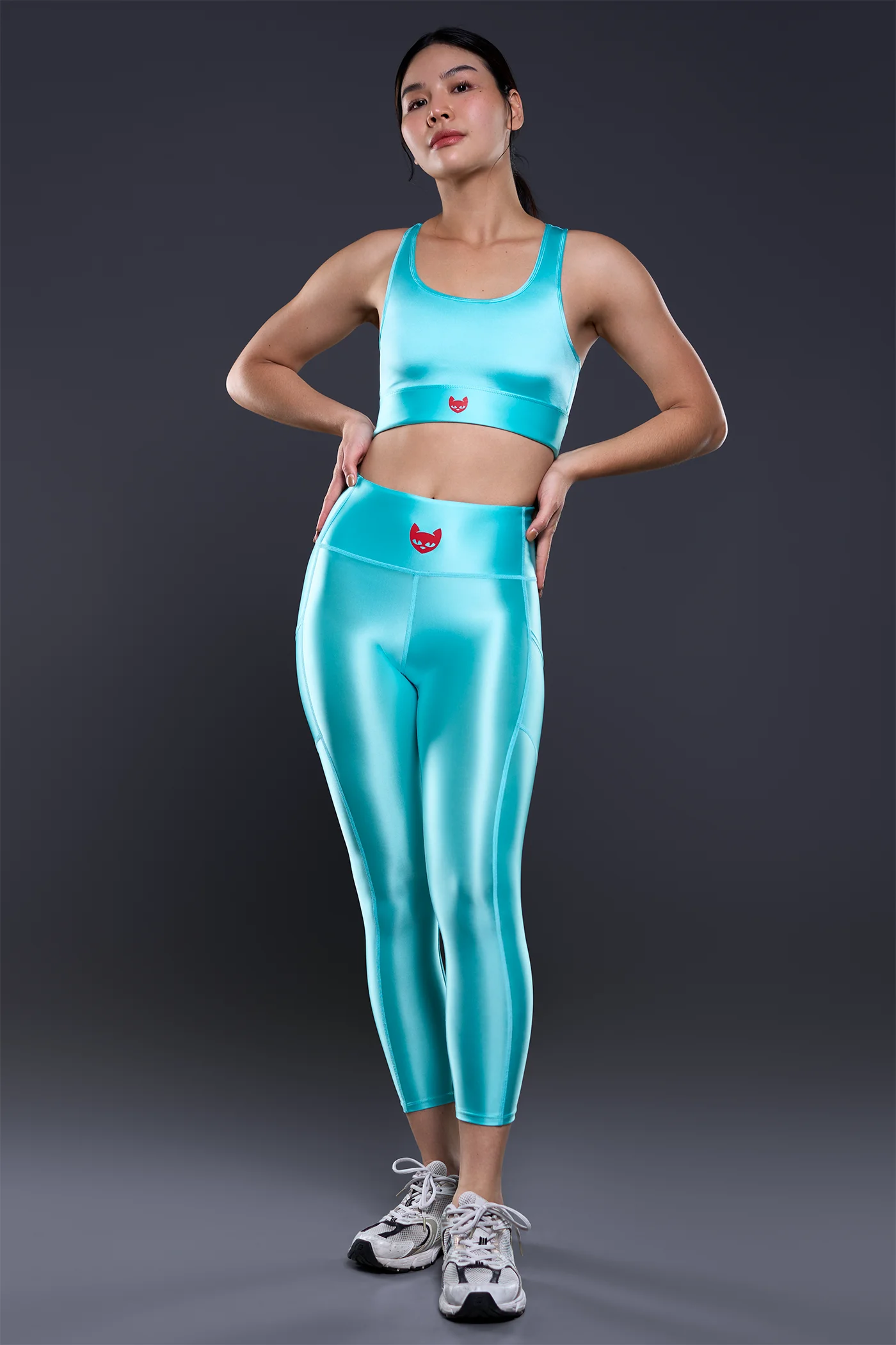 Powerracer Leggings Turquoise Turquoise shiny satin sports leggings, high rise, mesh panels