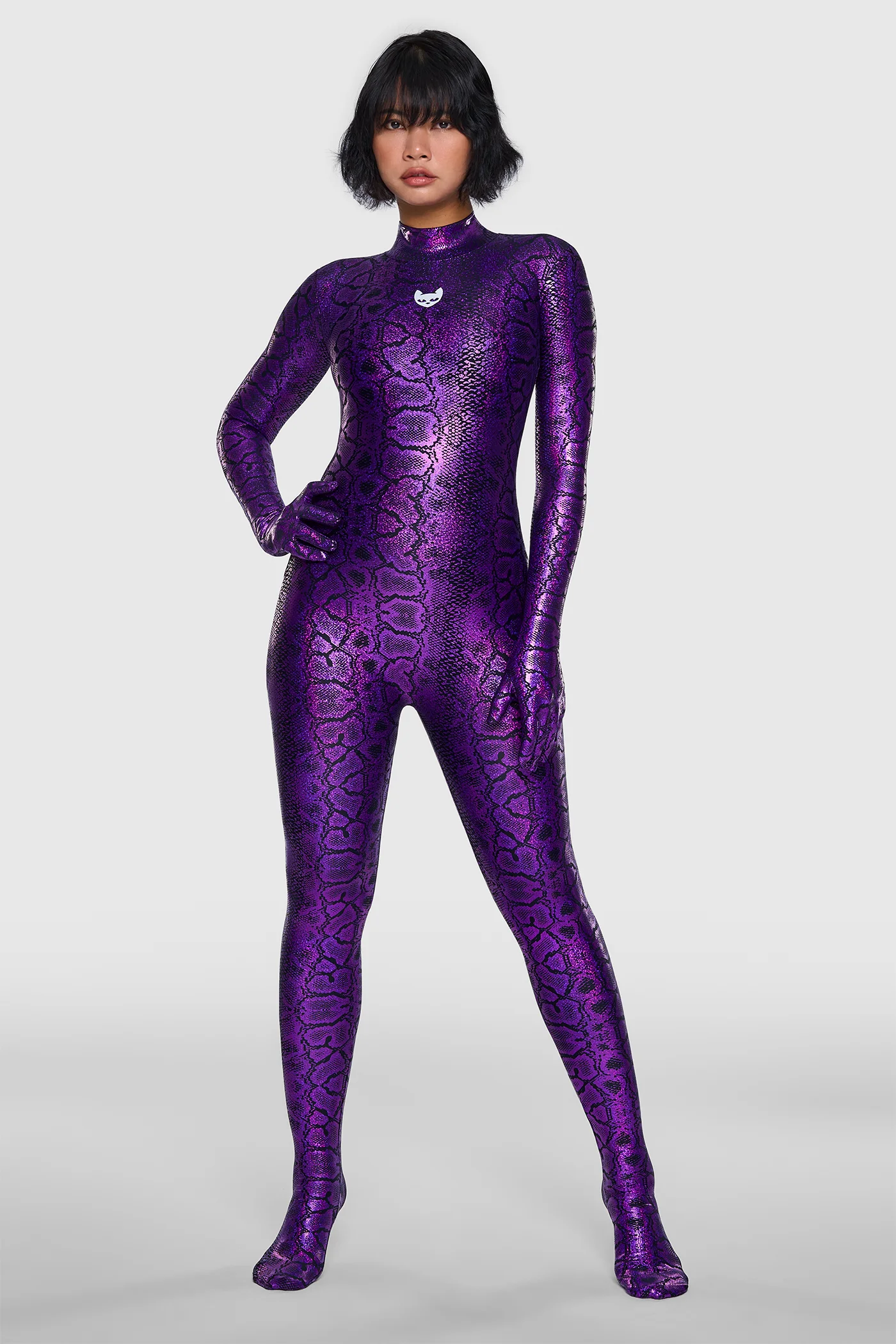 Snakeskin Catsuit Black & Purple 02 Shiny metallic snakeskin catsuit in black and purple