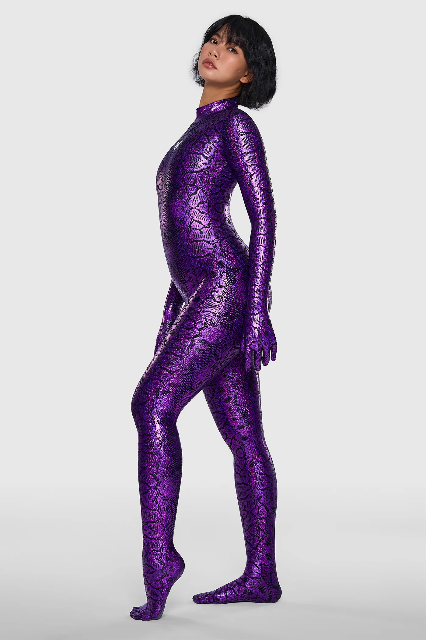 Snakeskin Catsuit Black & Purple 03 Black and purple snakeskin spandex catsuit, second skin fit