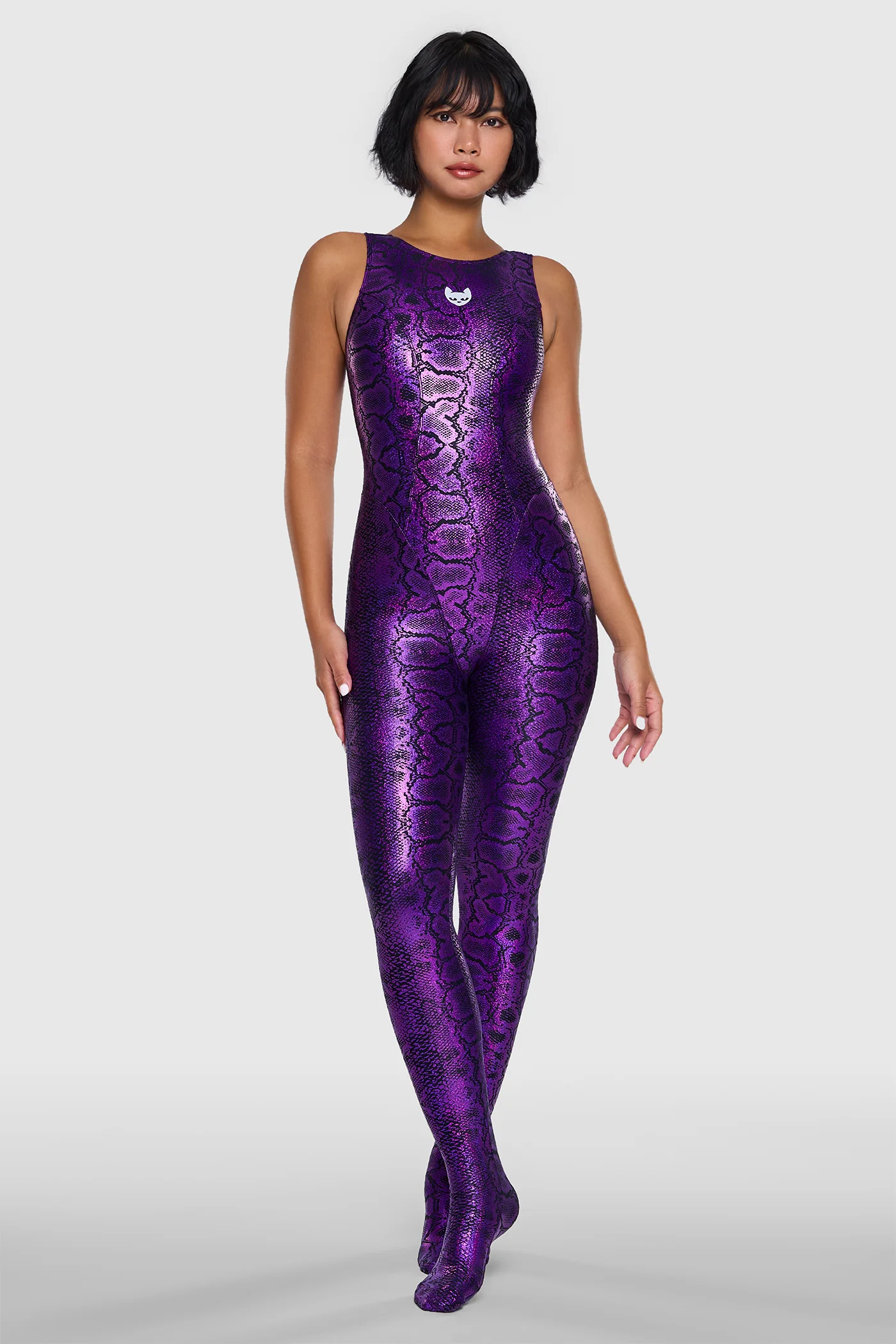 Snakeskin Unitard Black & Purple 03 Black and purple snakeskin spandex unitard, sleeveless with full length legs