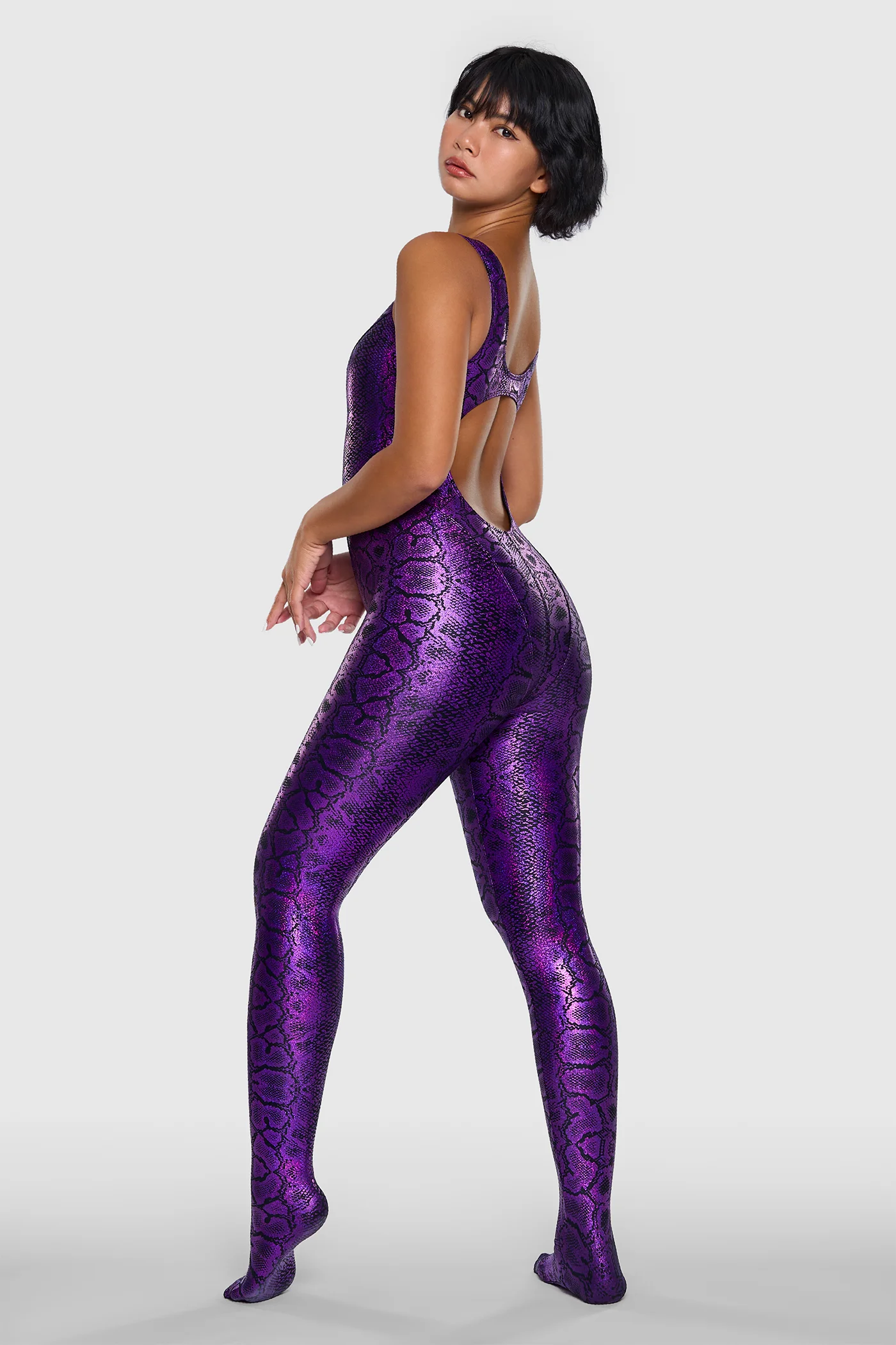 Snakeskin Unitard Black & Purple 04 Sleeveless snake print unitard black and purple