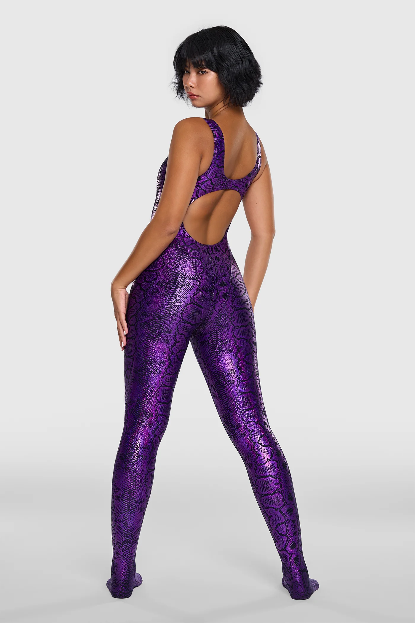 Snakeskin Unitard Black & Purple 06 Black and purple shiny lycra unitard with snakeskin pattern