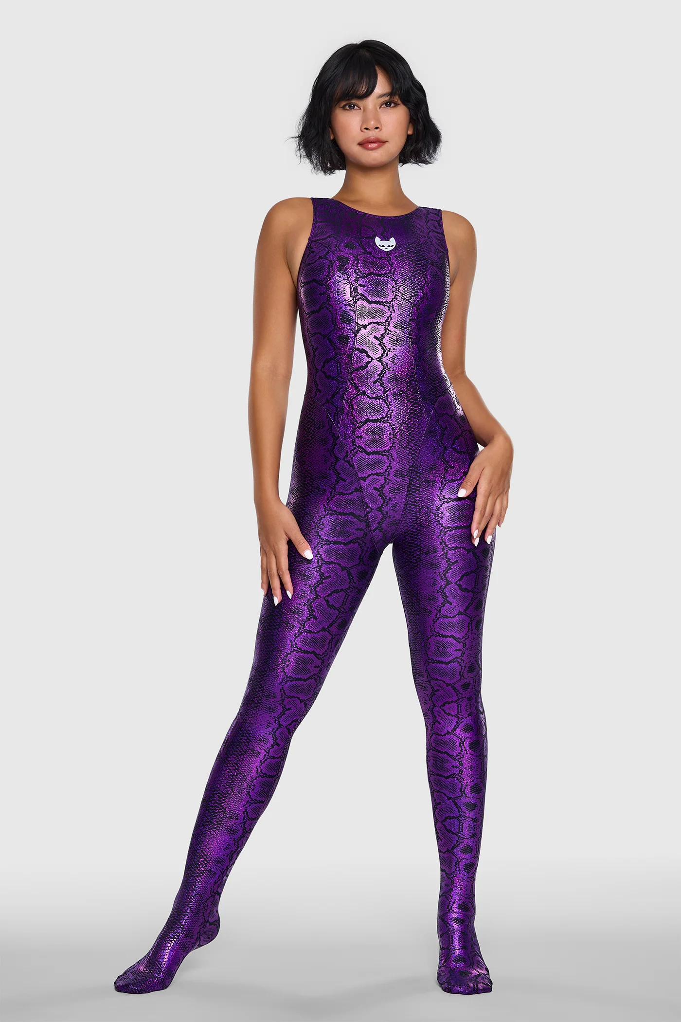 Snakeskin Unitard Black & Purple 08 Full length snakeskin spandex unitard, black and purple
