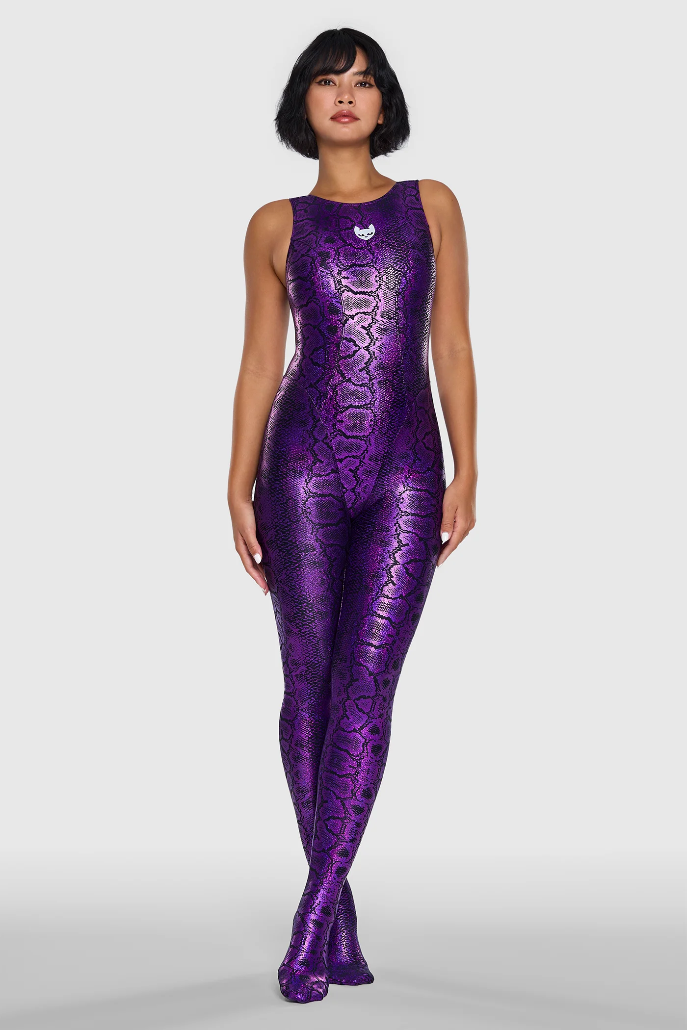 Snakeskin Unitard Black & Purple 09 Metallic snakeskin unitard black and purple, sleeveless cut