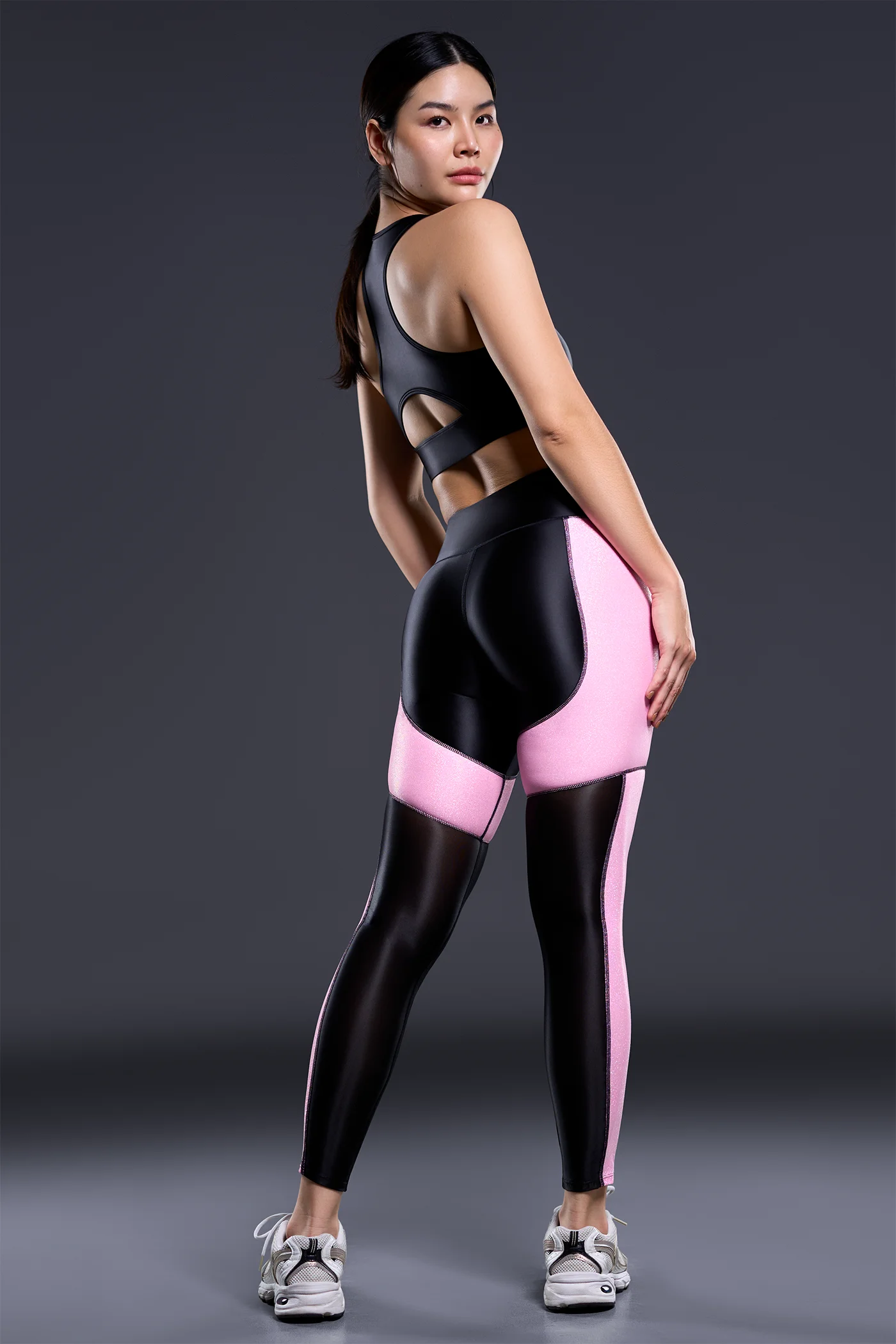 Ultra Rush Leggings Light Pink | Satin Spandex Sports Leggings Ultra Rush sports leggings in black satin spandex with light pink sparkle metallic and sheer nylon panels, high rise 7/8 leggings