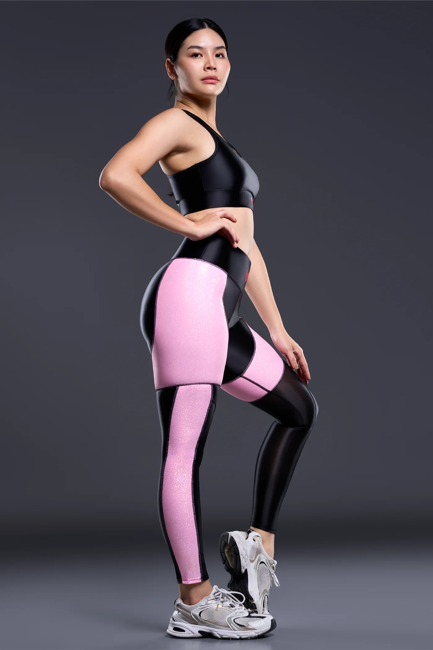 Ultra Rush Leggings Light Pink | Satin Spandex Sports Leggings Ultra Rush sports leggings in black satin spandex with light pink sparkle metallic and sheer nylon panels, high rise 7/8 leggings